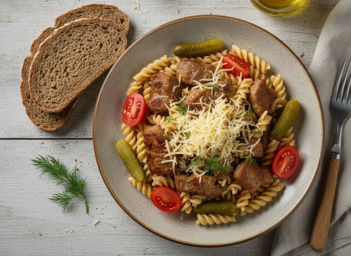 Обед с макаронами, мясом и овощами photo