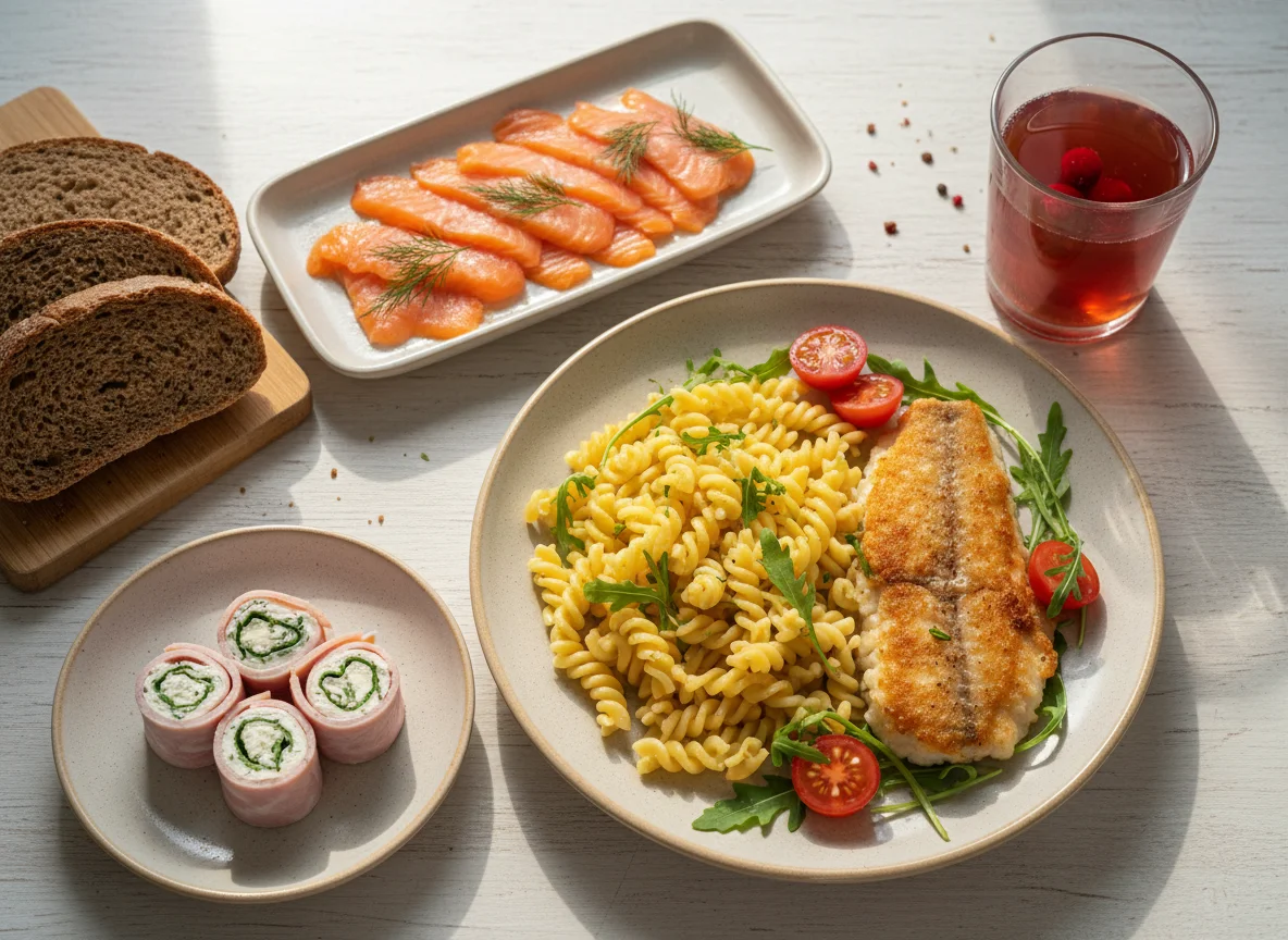 Обед с макаронами, рыбой и закусками photo