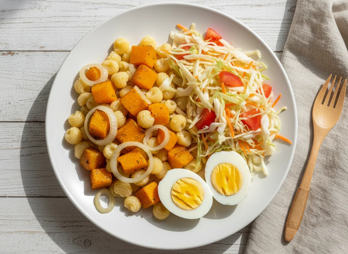 Обед с макаронами, салатом и яйцами photo