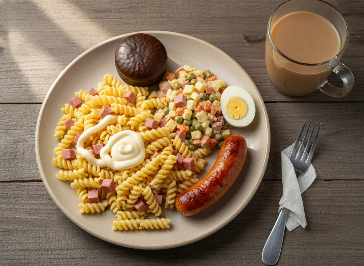 Обед с макаронами, сосиской и десертом photo