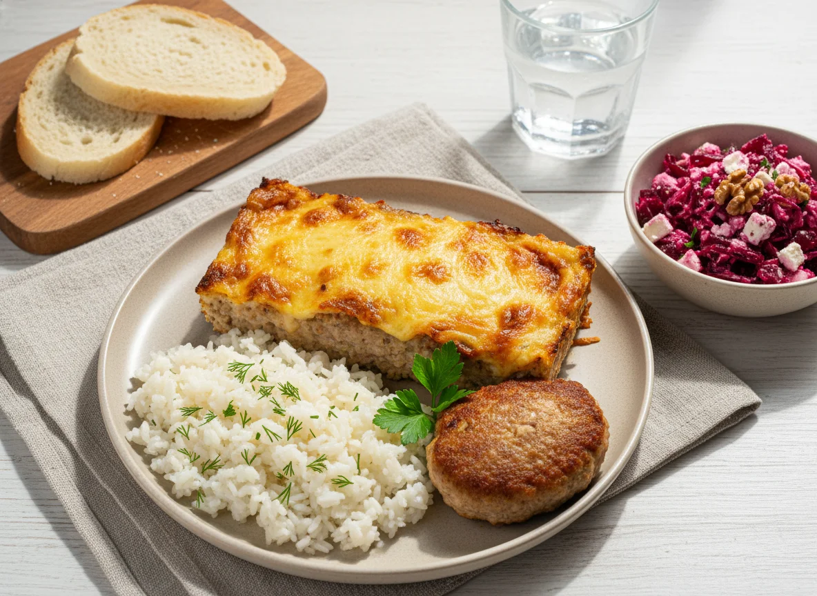 Обед с мясной запеканкой и гарнирами photo