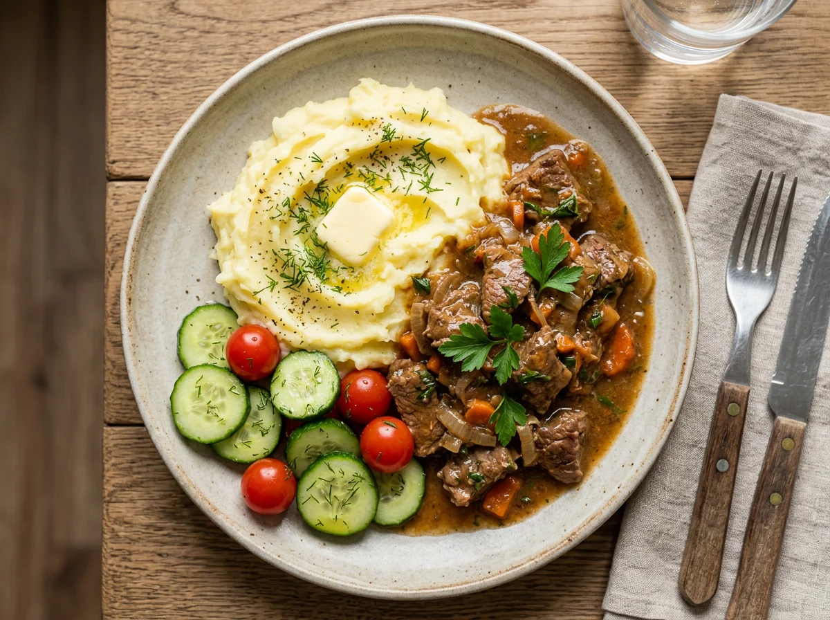 Обед с мясом, картофелем и овощами photo