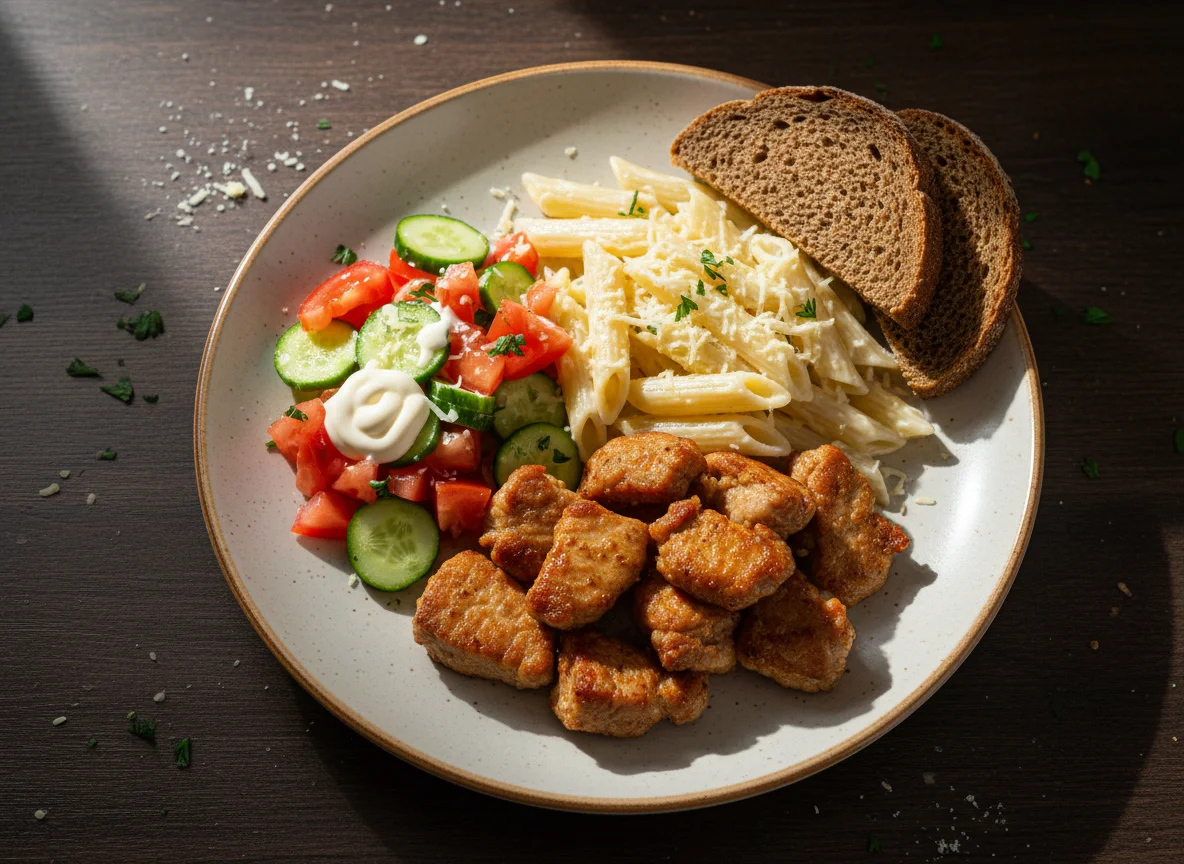 Обед с мясом, макаронами и салатом photo
