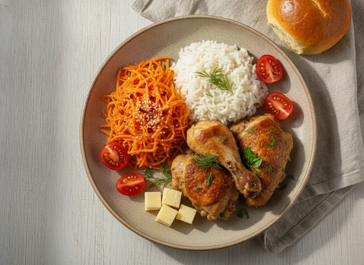 Обед с мясом, рисом и овощами photo