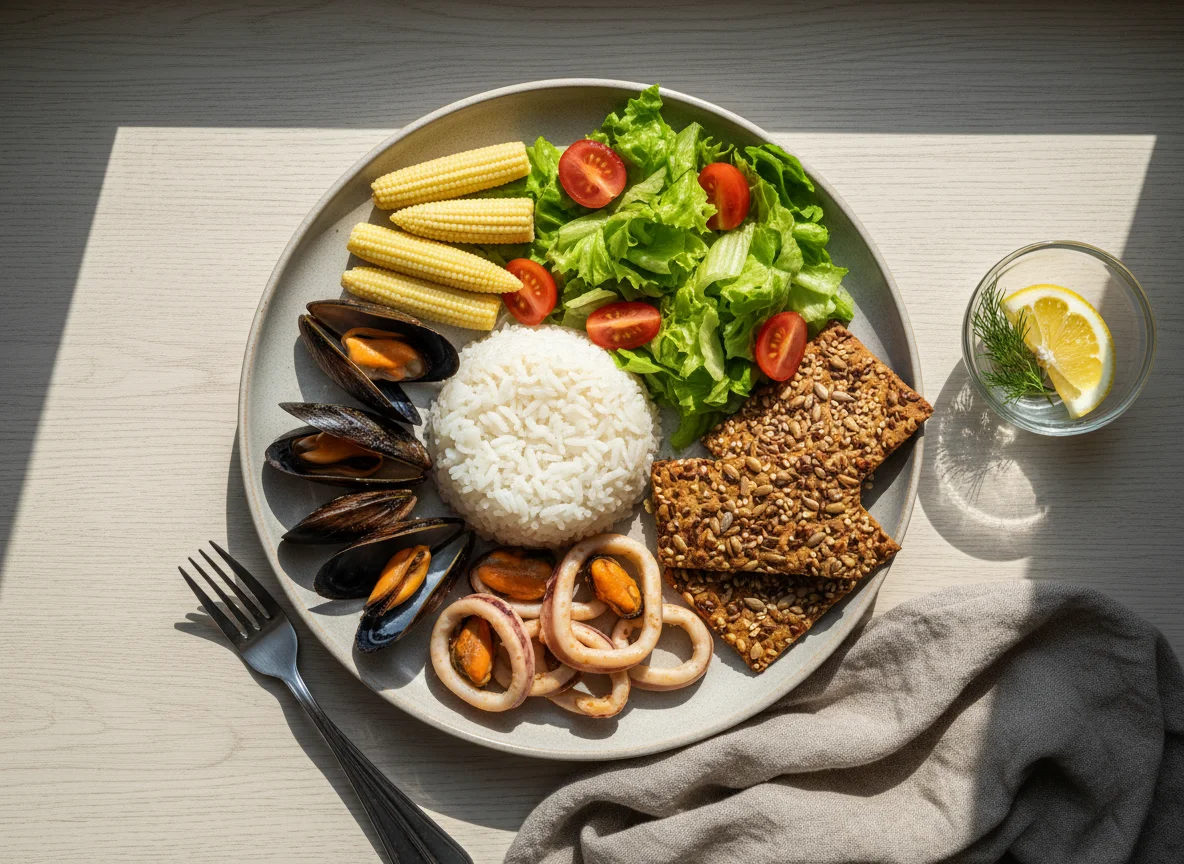 Обед с морепродуктами и хлебцами photo