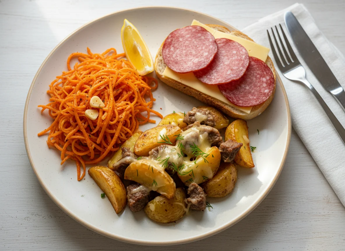 Обед с морковью по-корейски, картофелем с мясом и бутербродом photo