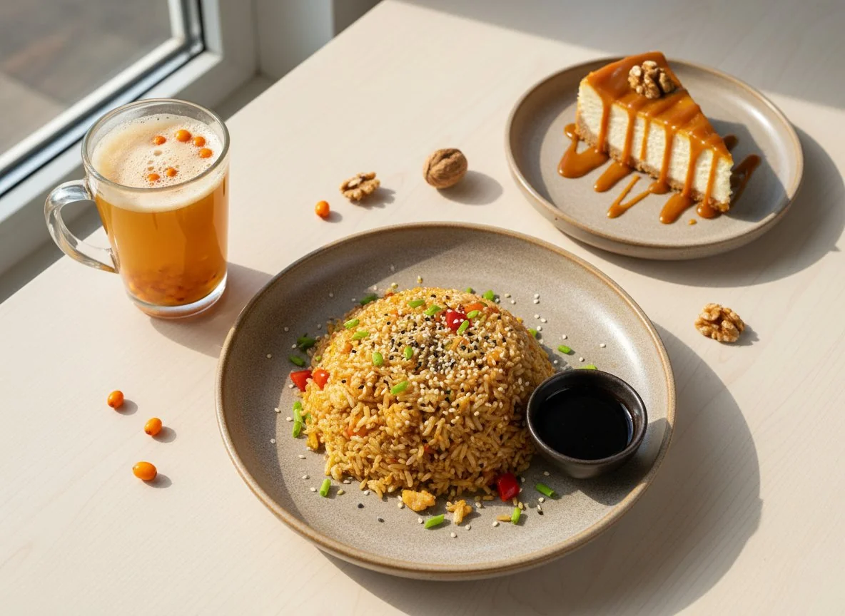 Обед с облепиховым пуншем, карамельным чизкейком и рисом с овощами photo