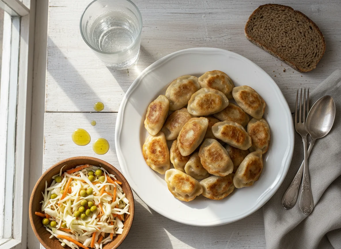 Обед с пельменями и овощным салатом photo