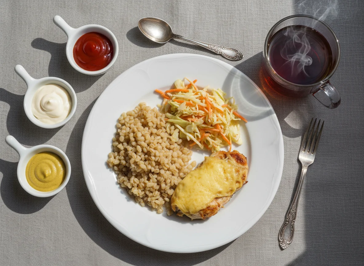 Обед с перловкой, курицей и салатом photo