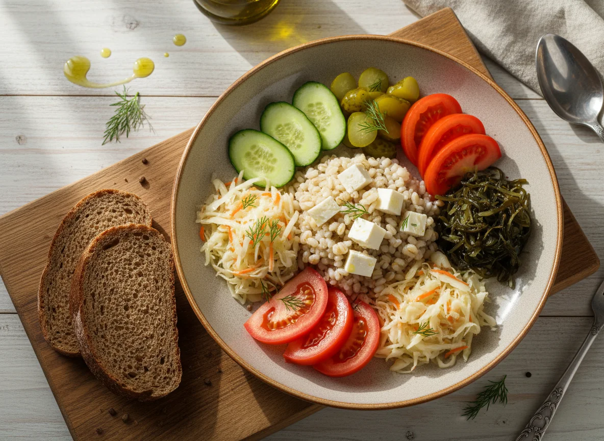 Обед с перловкой, сыром и овощами photo