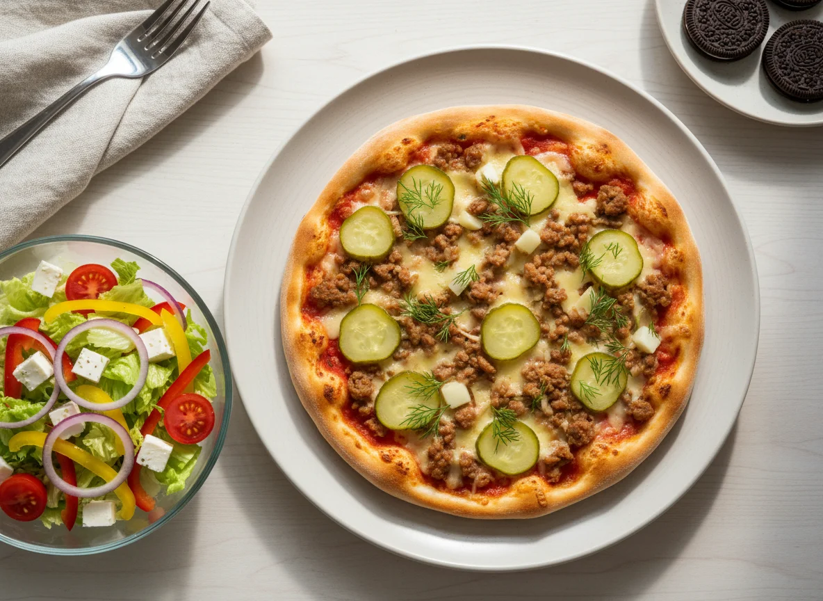 Обед с пиццей, салатом и печеньем photo