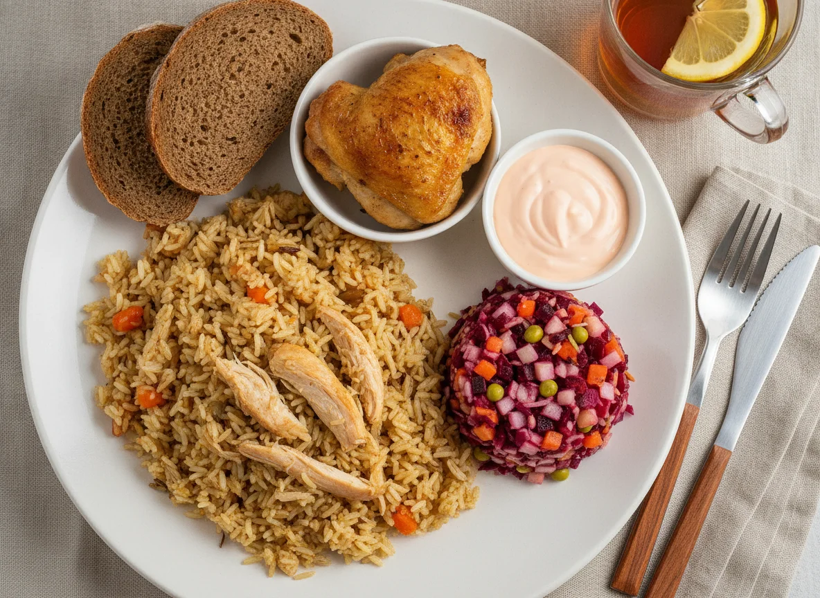Обед с пловом, курицей и винегретом photo