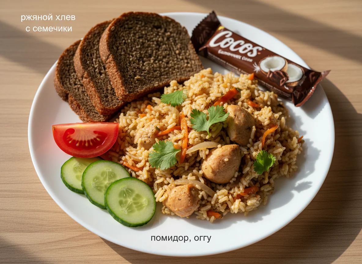 Обед с пловом, овощами и хлебом, плюс батончик photo