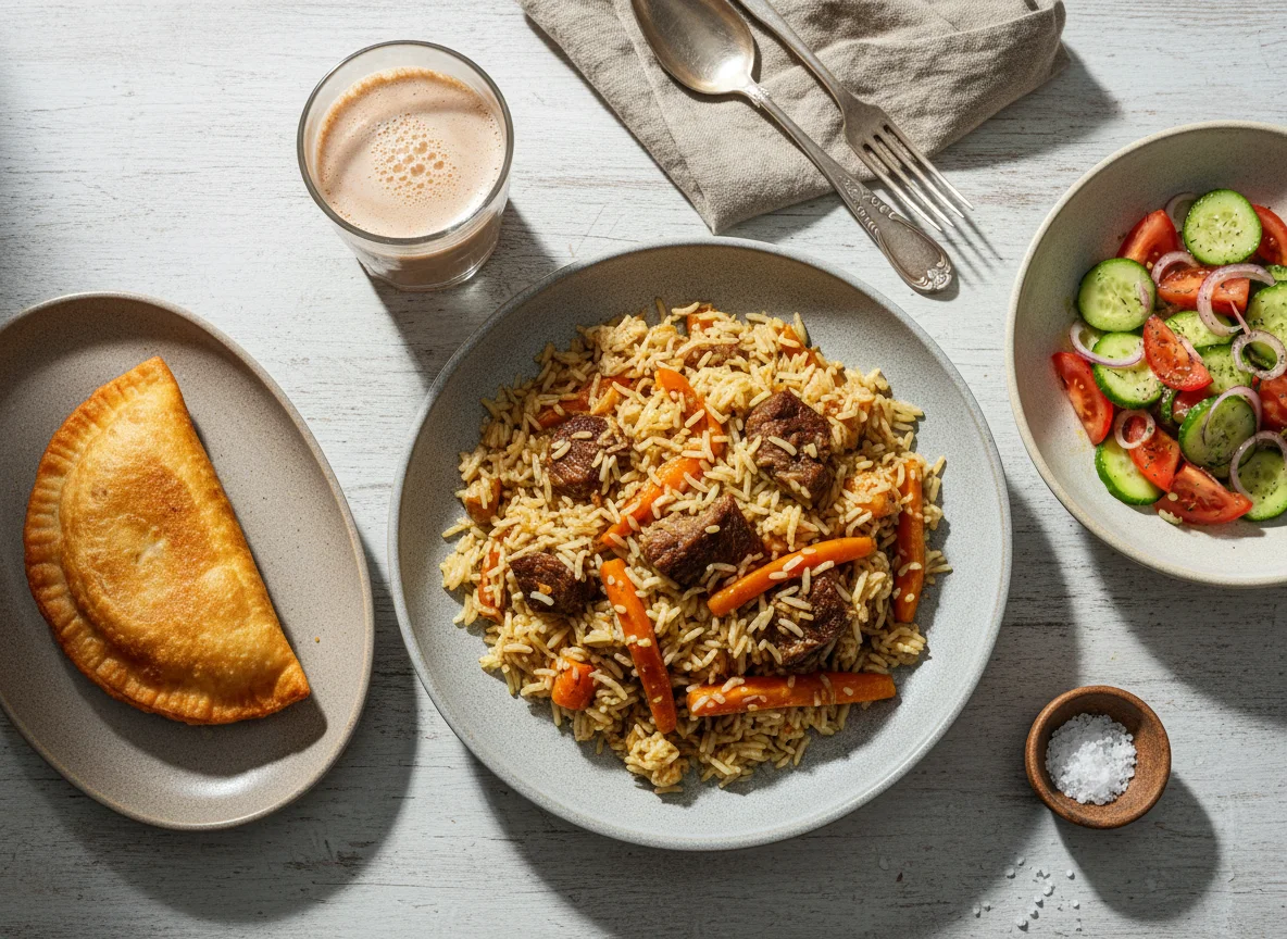 Обед с пловом, пирожками и салатом photo