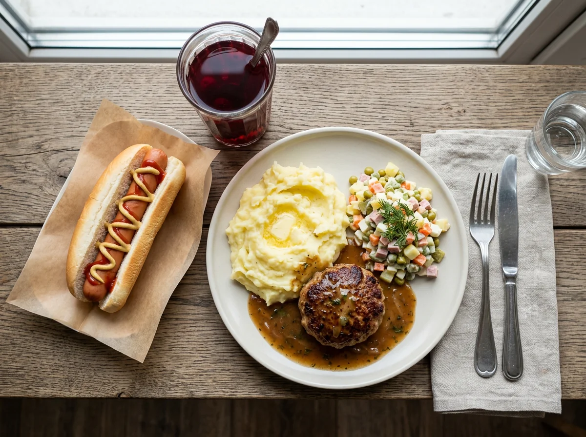 Обед с пюре, котлетой, салатом Оливье и напитком photo