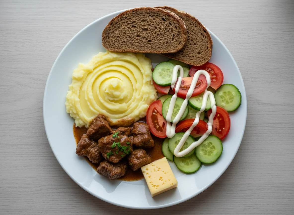 Обед с пюре, мясом и салатом photo