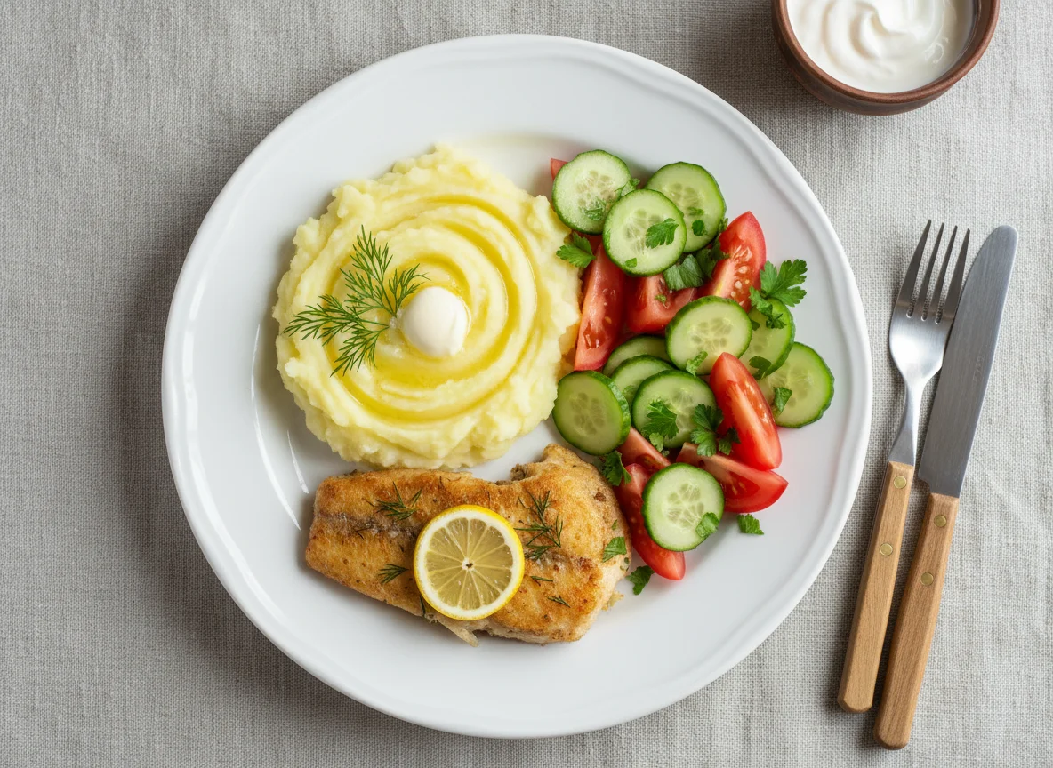 Обед с пюре, рыбой и овощами photo