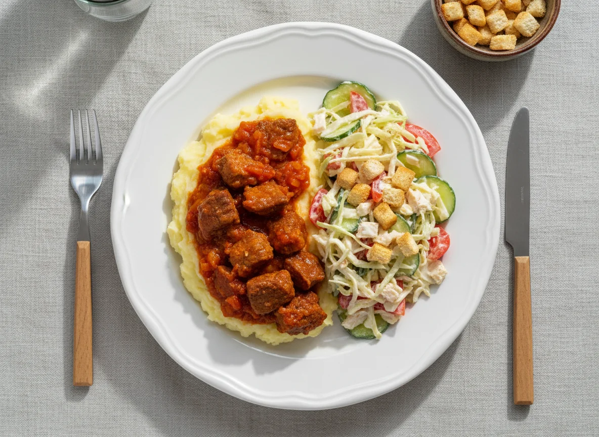 Обед с пюре, салатом и тушеным мясом photo