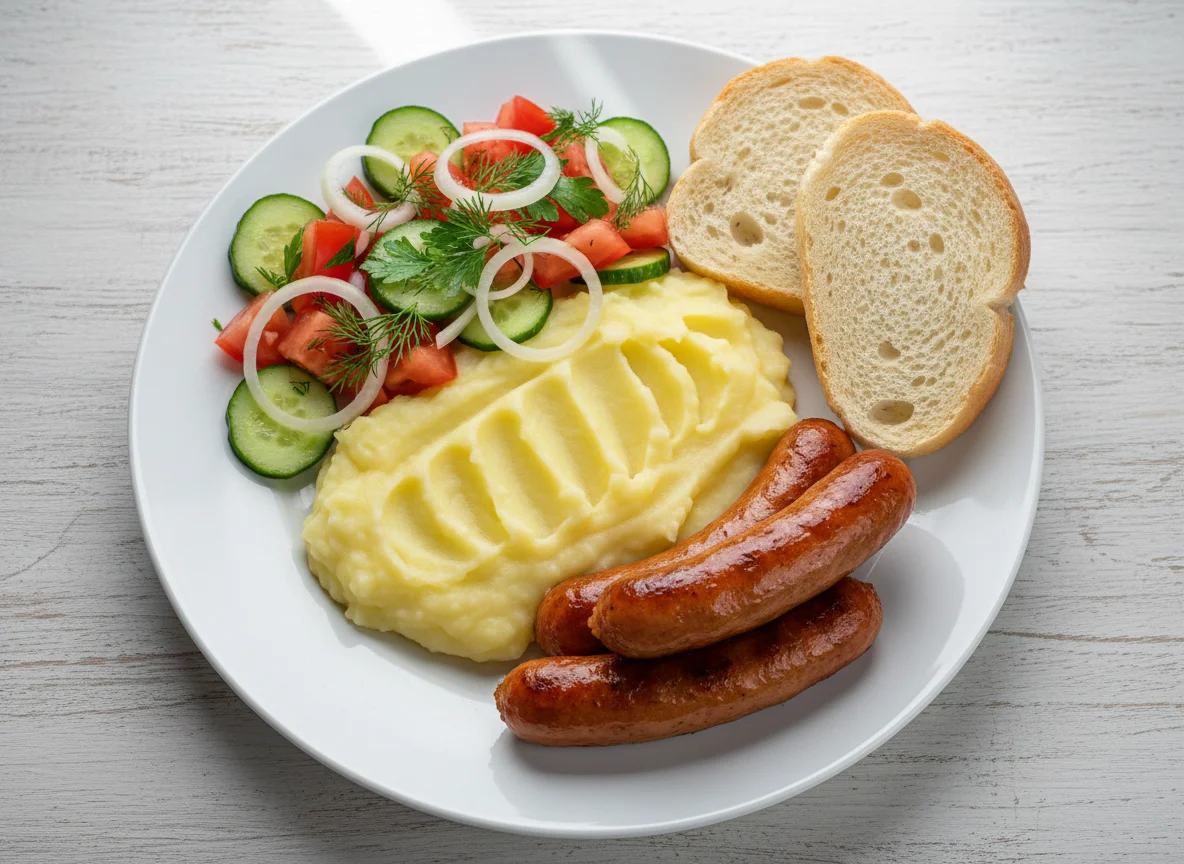 Обед с пюре, сосисками и овощным салатом photo