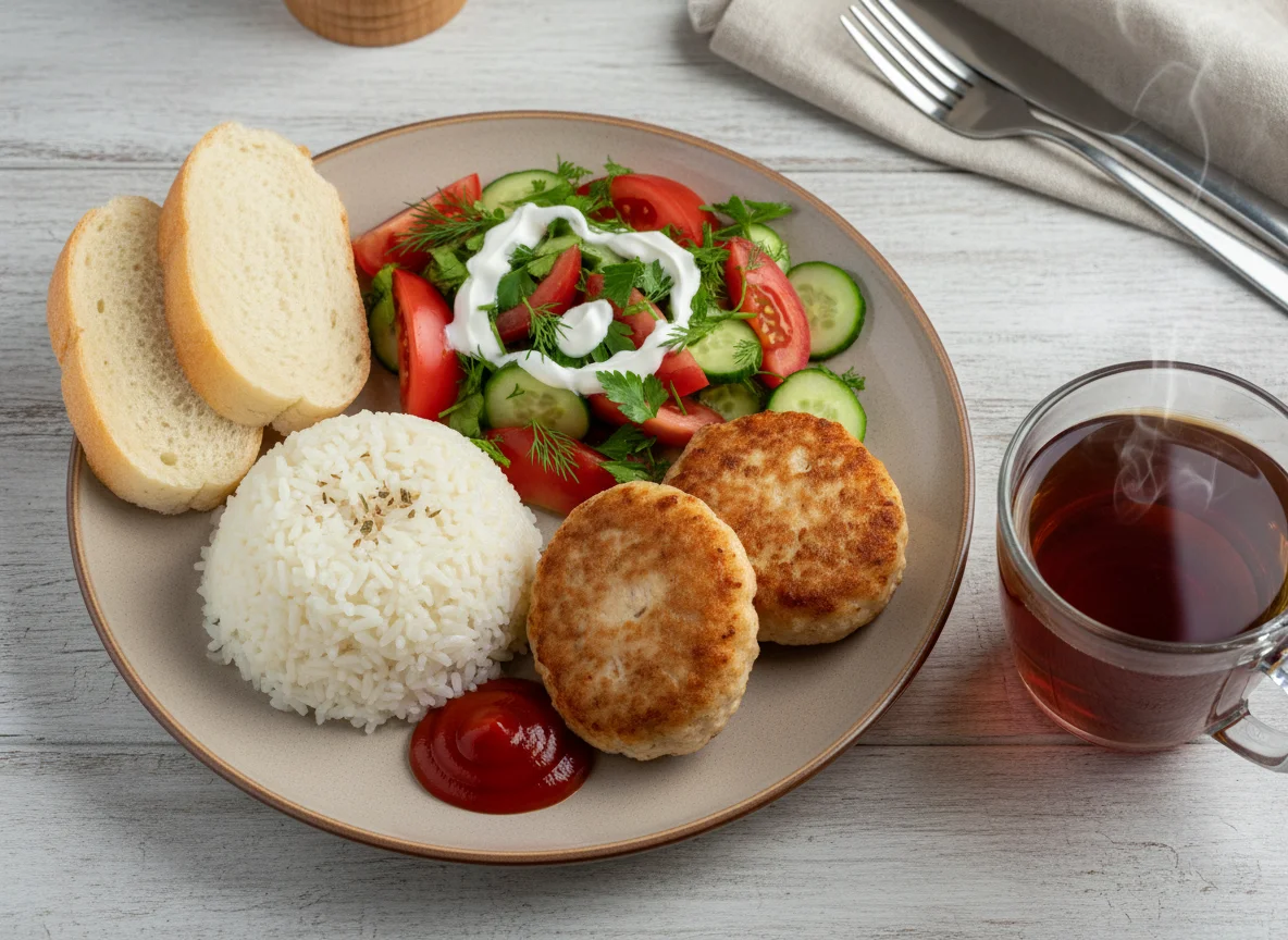 Обед с рисом, котлетами и салатом photo