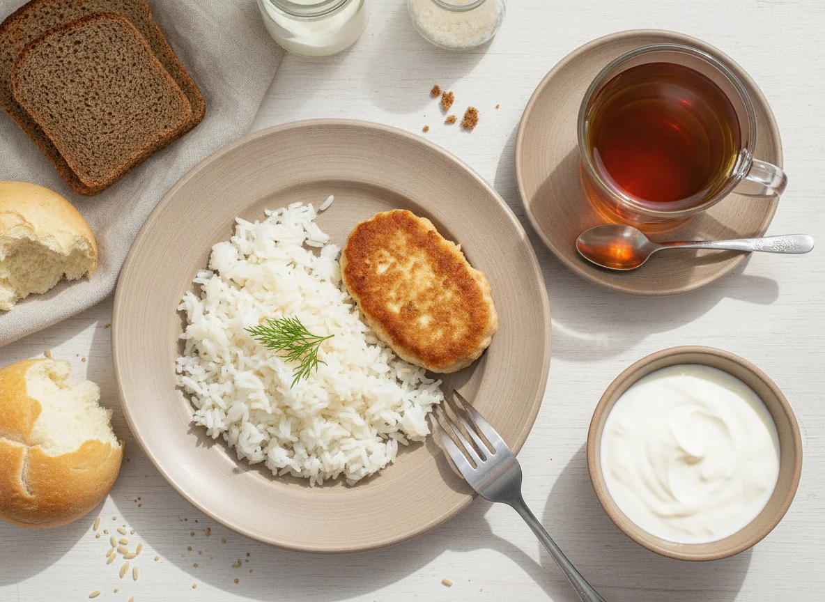 Обед с рисом, котлетой и хлебом photo