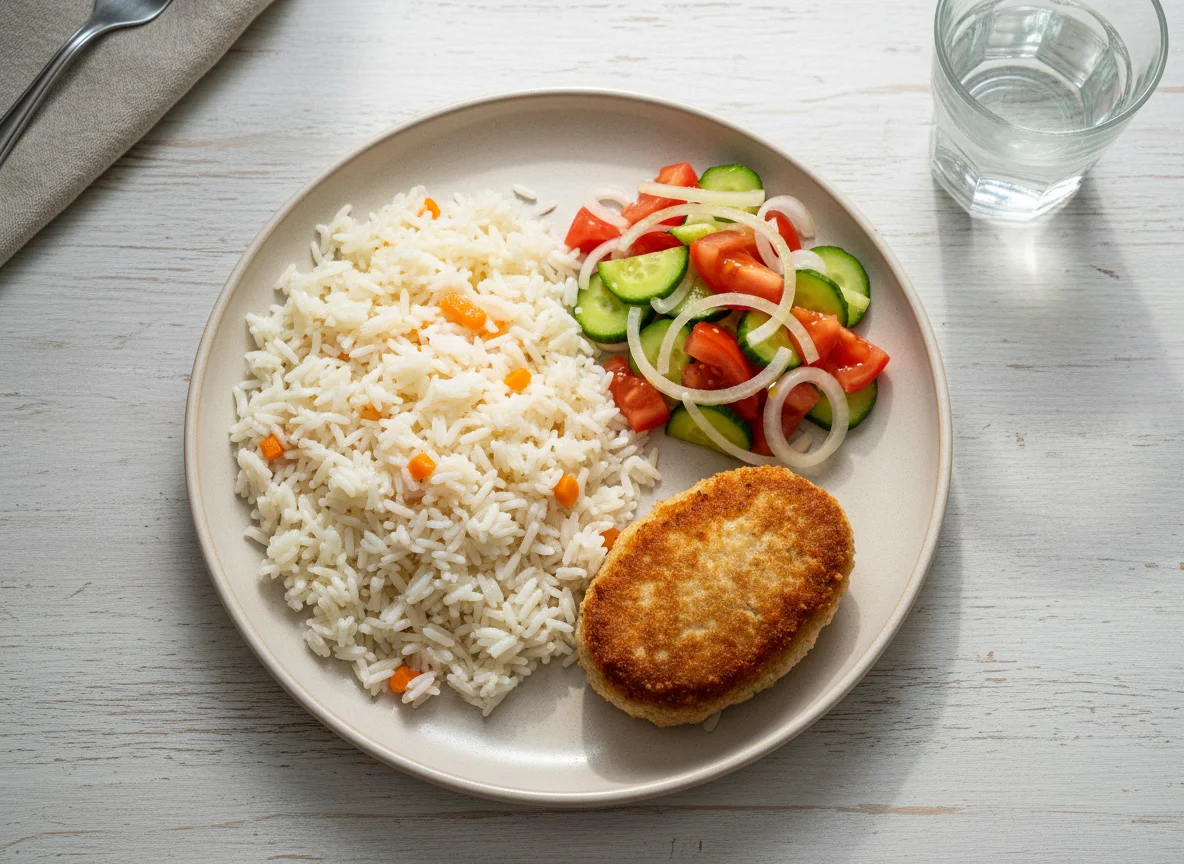 Обед с рисом, котлетой и овощным салатом photo