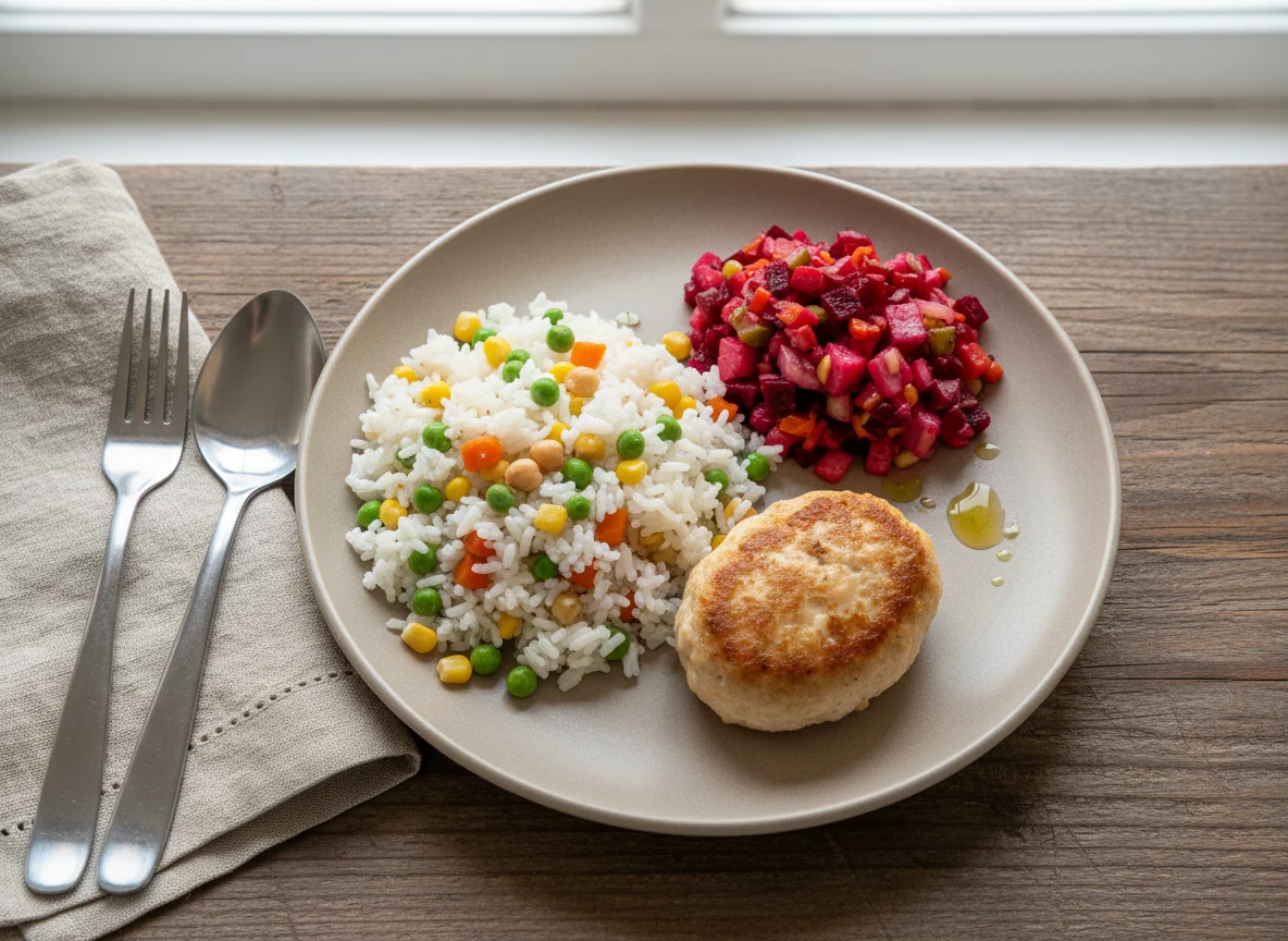 Обед с рисом, котлетой и винегретом photo