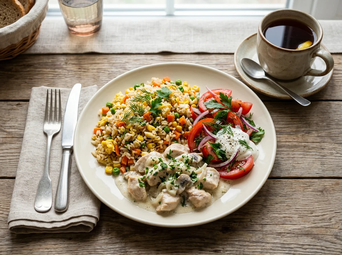 Обед с рисом, курицей и овощным салатом photo