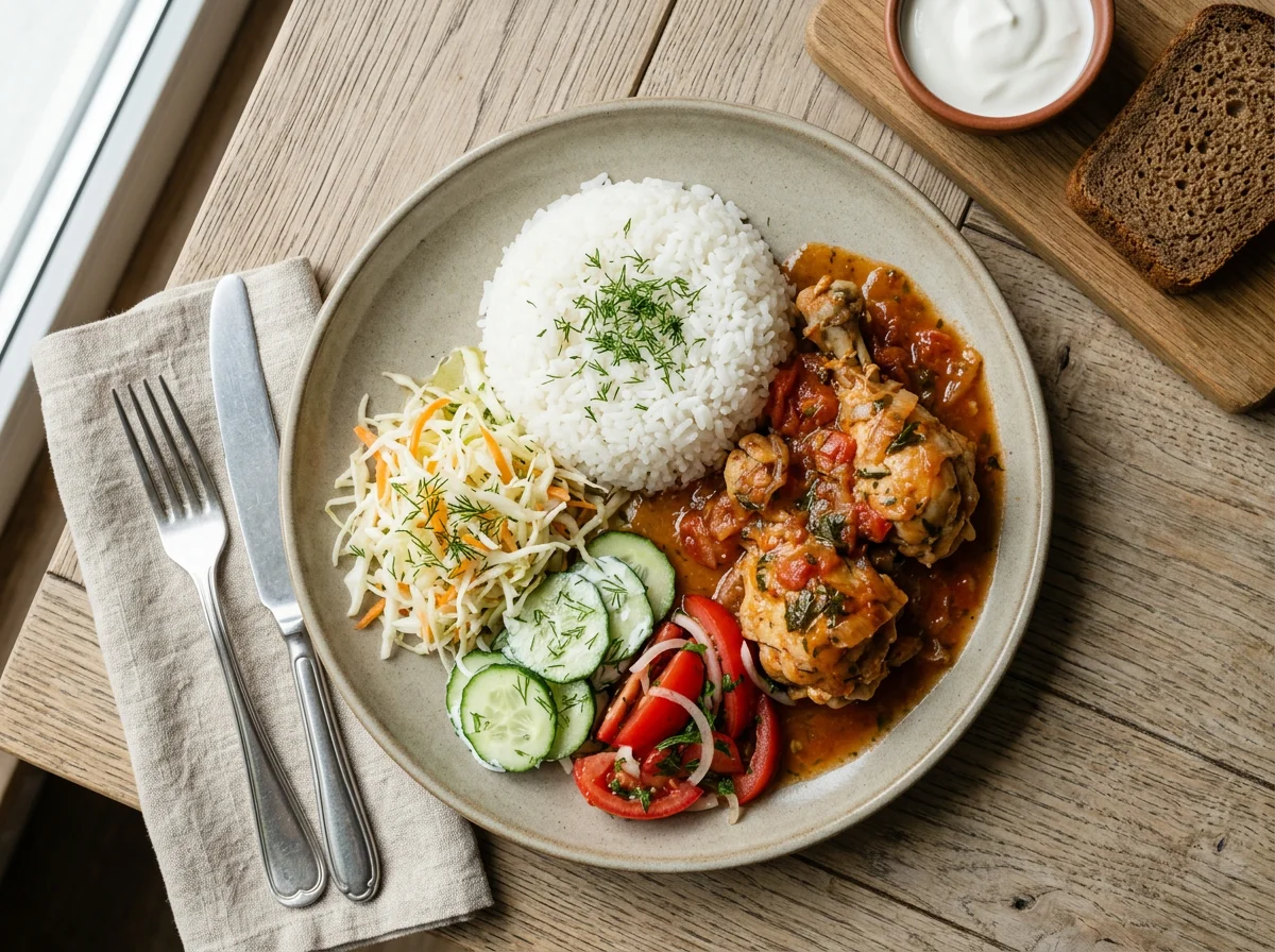 Обед с рисом, курицей и салатами photo