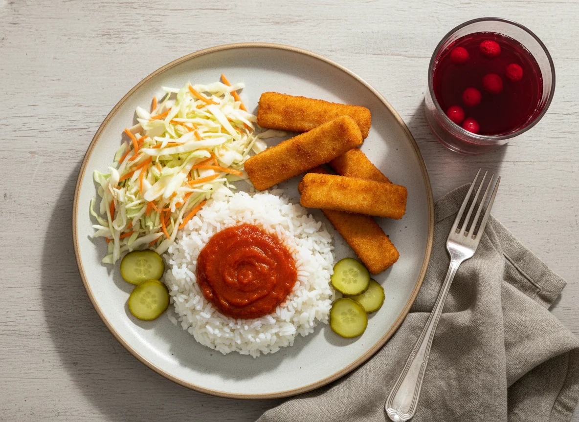 Обед с рисом, рыбными палочками и салатом photo