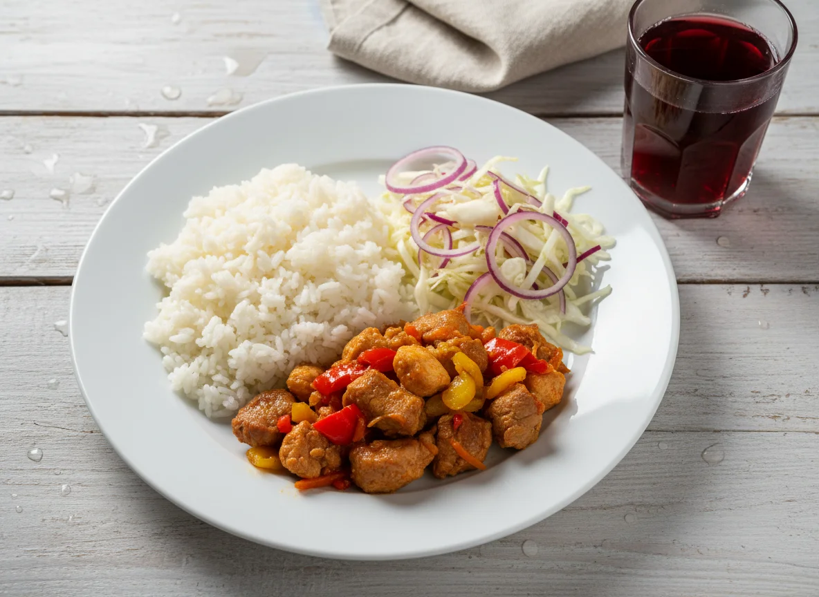 Обед с рисом, тушеным мясом и салатом photo