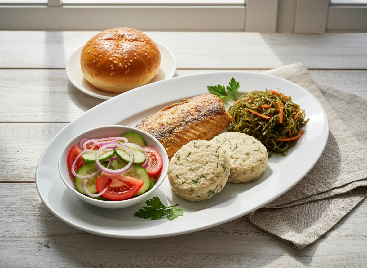 Обед с рыбными котлетами и салатами photo