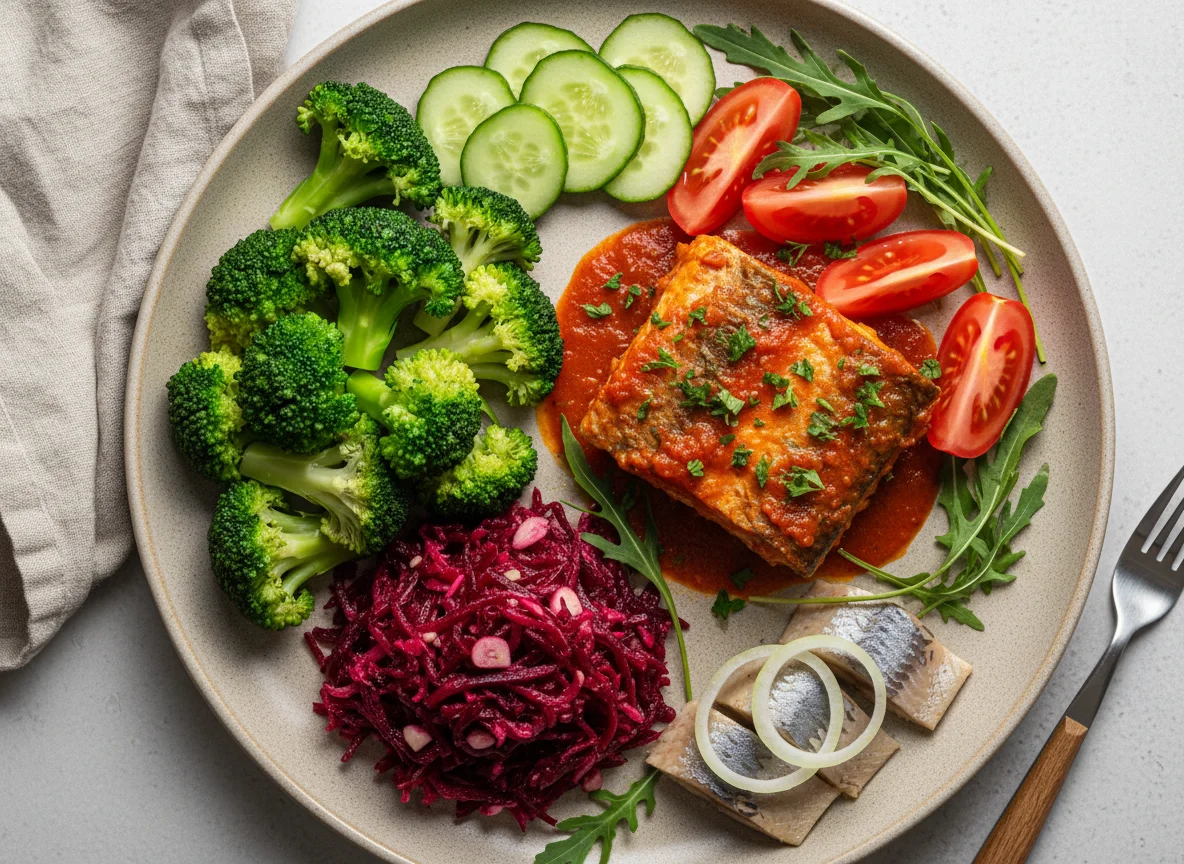 Обед с рыбой, брокколи и овощами photo