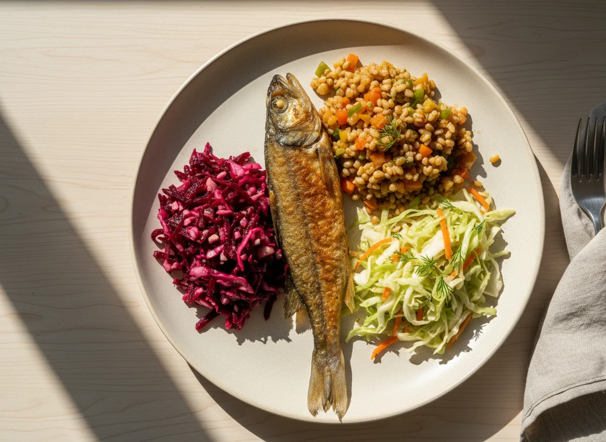 Обед с рыбой и гарнирами photo