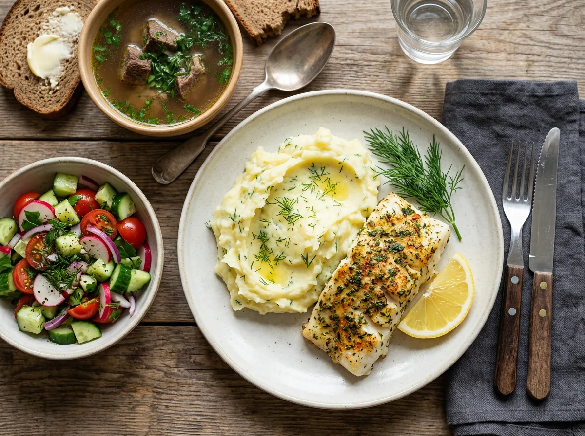 Обед с рыбой и пюре photo