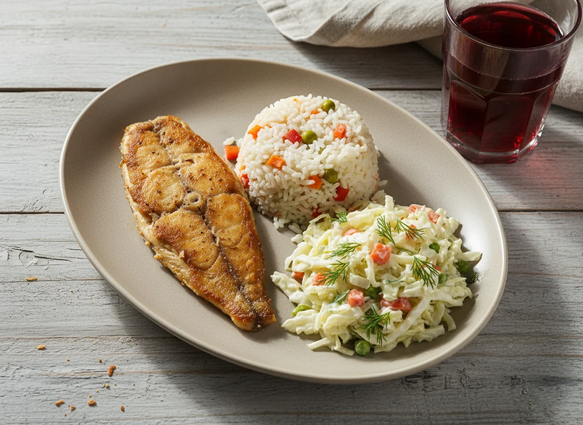 Обед с рыбой и салатом photo