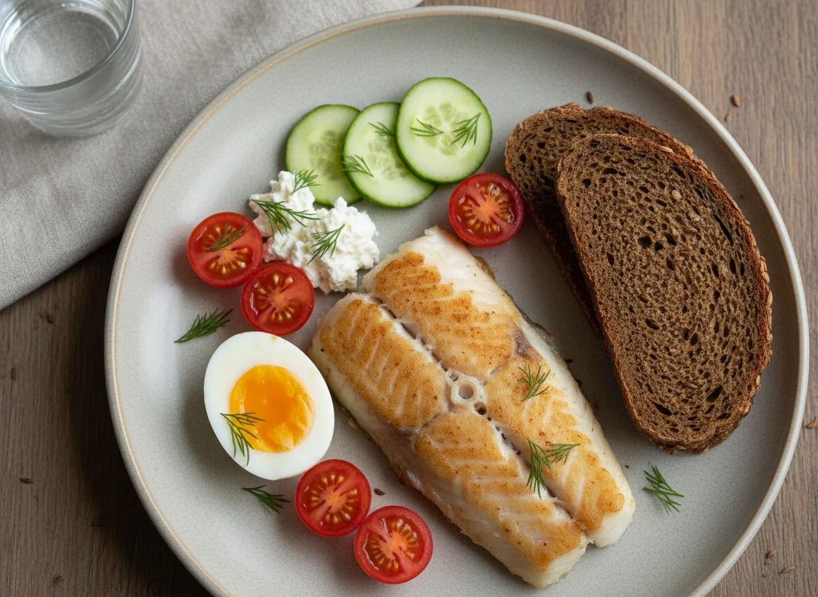 Обед с рыбой, овощами и яйцом photo