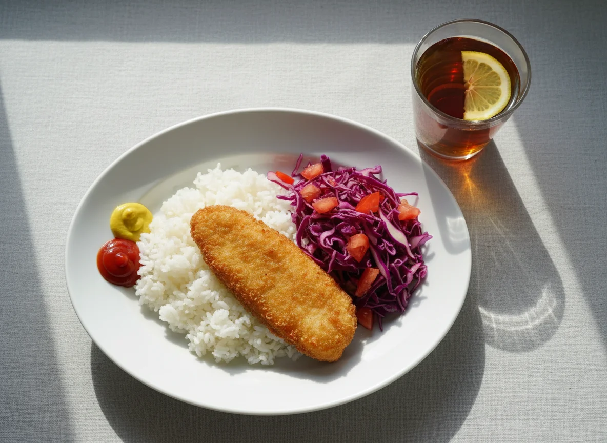 Обед с рыбой, рисом и салатом photo