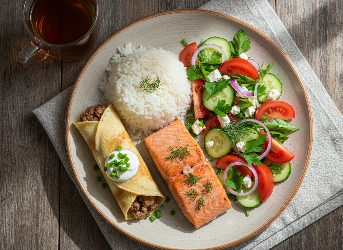 Обед с рыбой, рисом, салатом и блинчиком photo