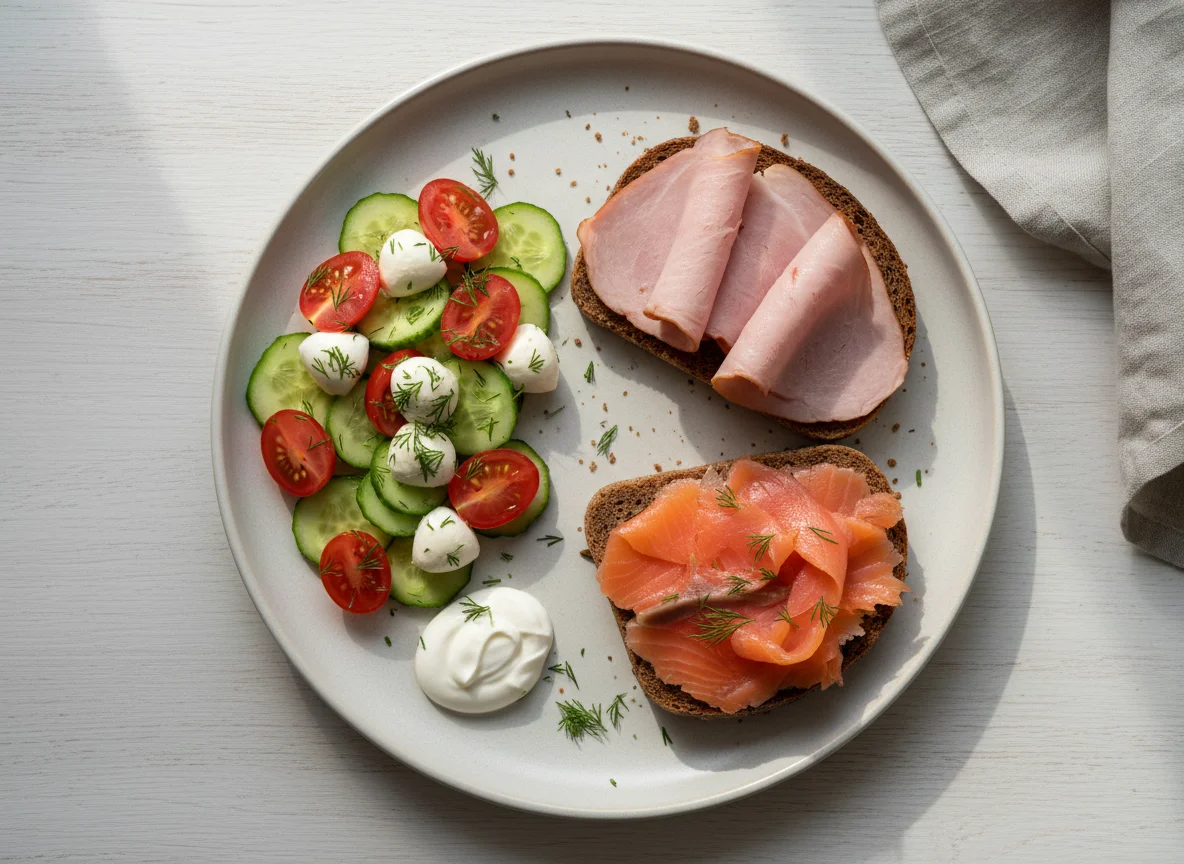 Обед с салатом и бутербродами photo