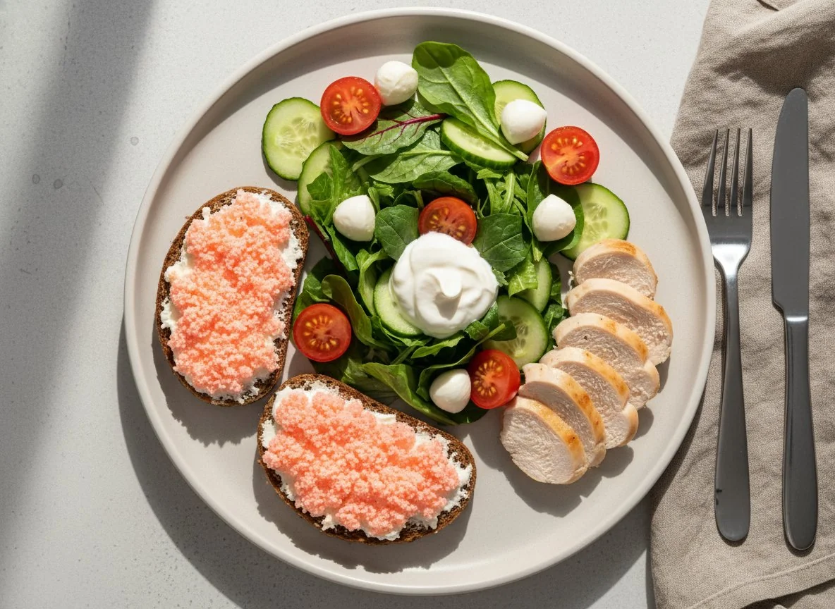 Обед с салатом, курицей и бутербродами с икрой photo