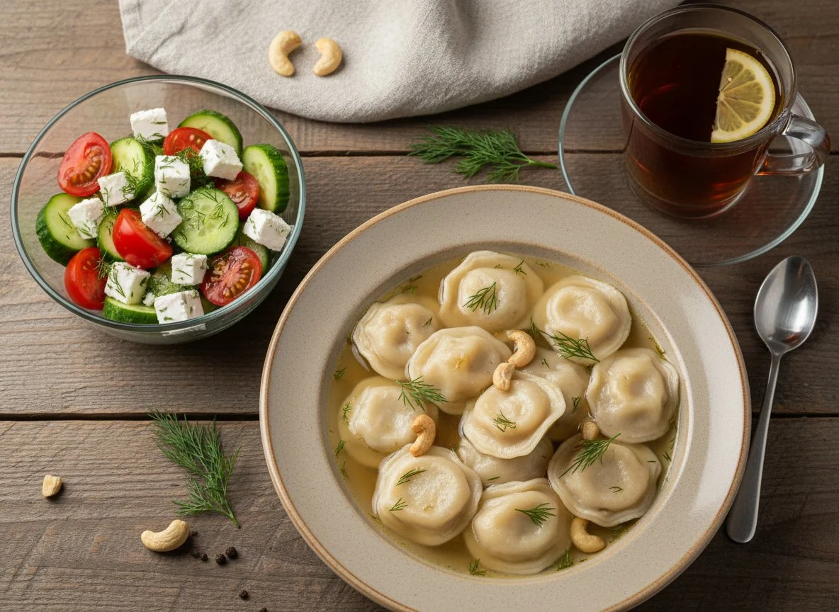 Обед с салатом, пельменями и чаем photo