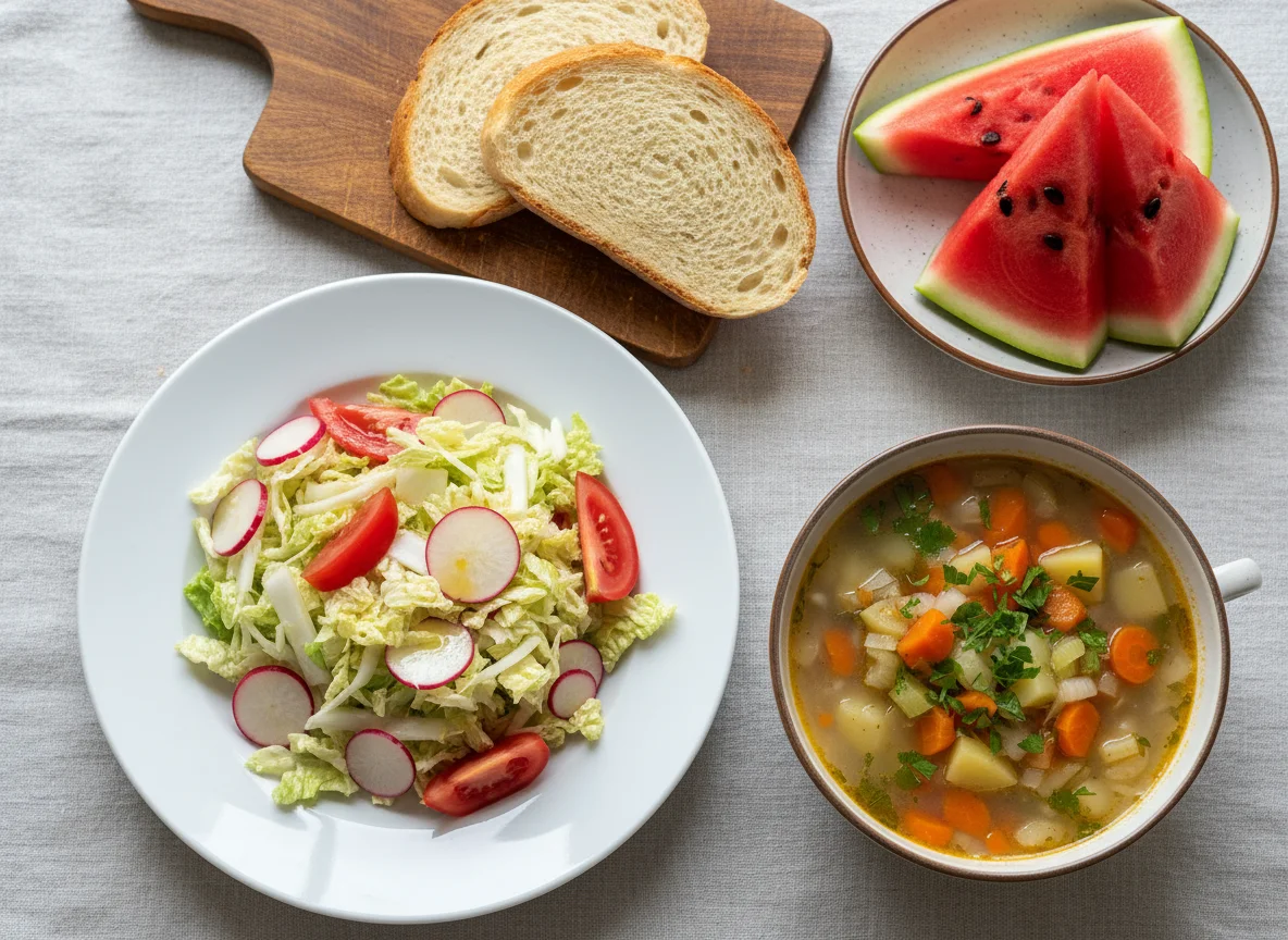 Обед с салатом, супом, хлебом и арбузом photo