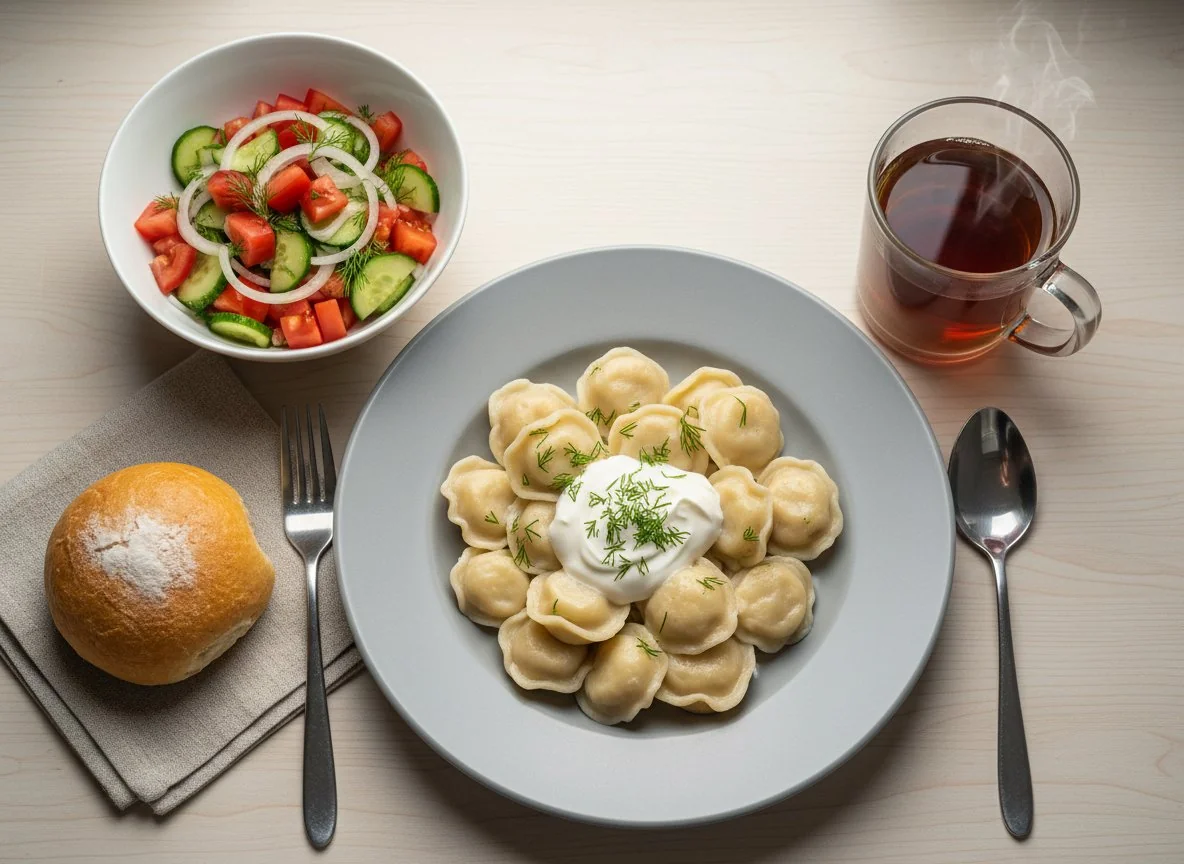 Обед с салатом, выпечкой и напитком photo