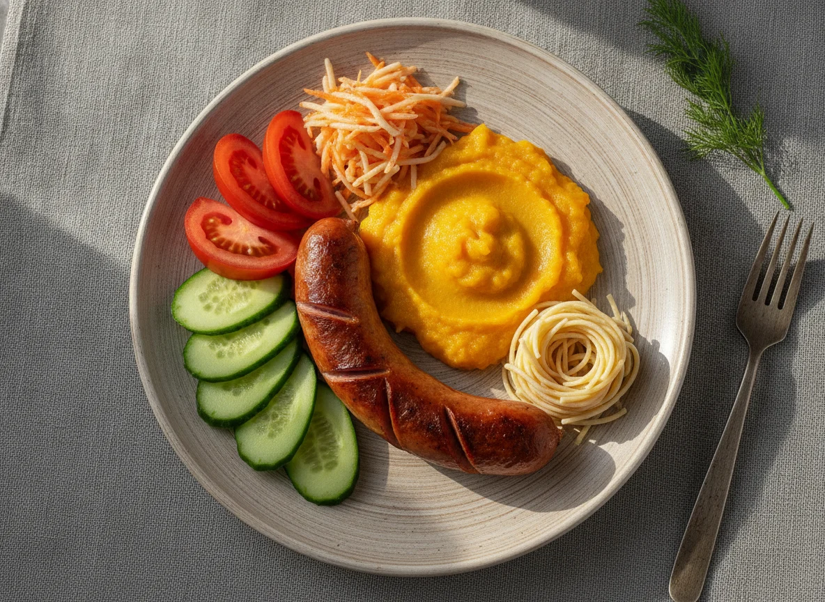 Обед с сосиской и овощами photo