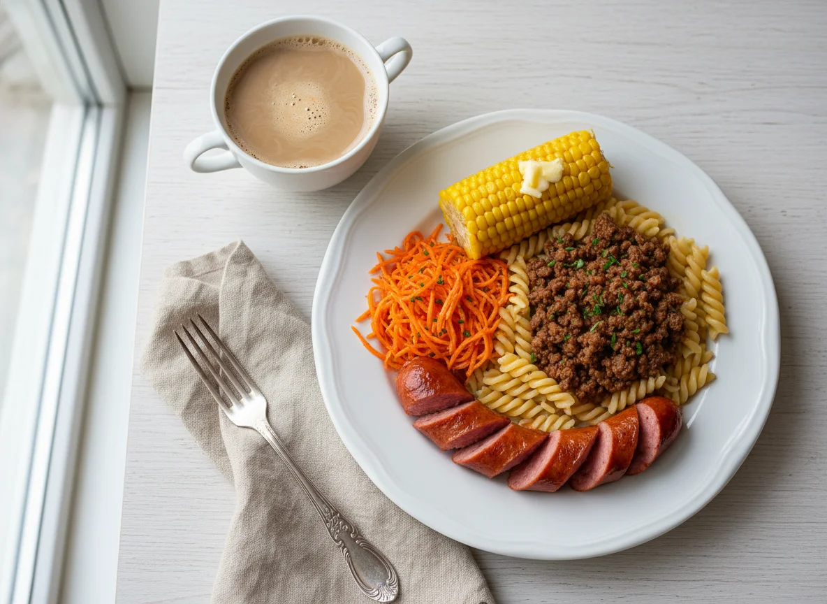 Обед с сосиской, макаронами и салатом photo