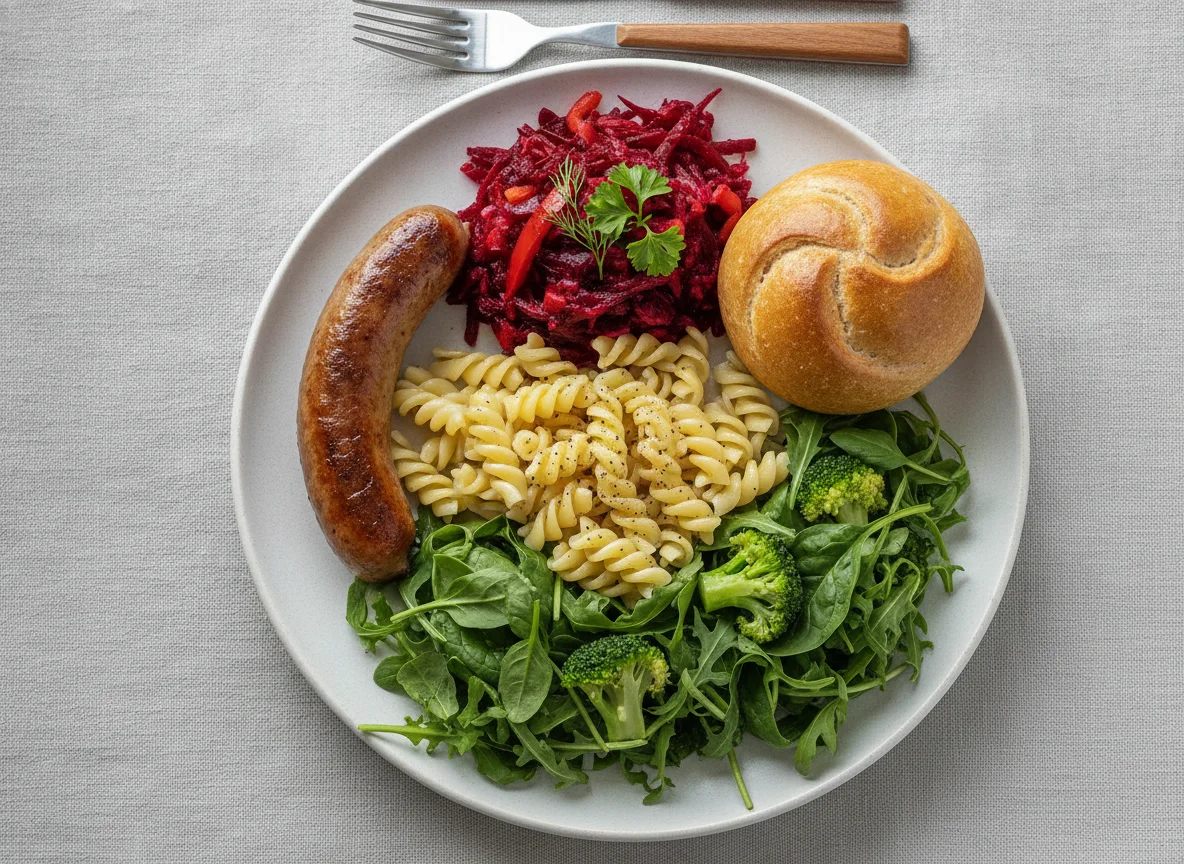 Обед с сосиской, салатом и булочкой photo