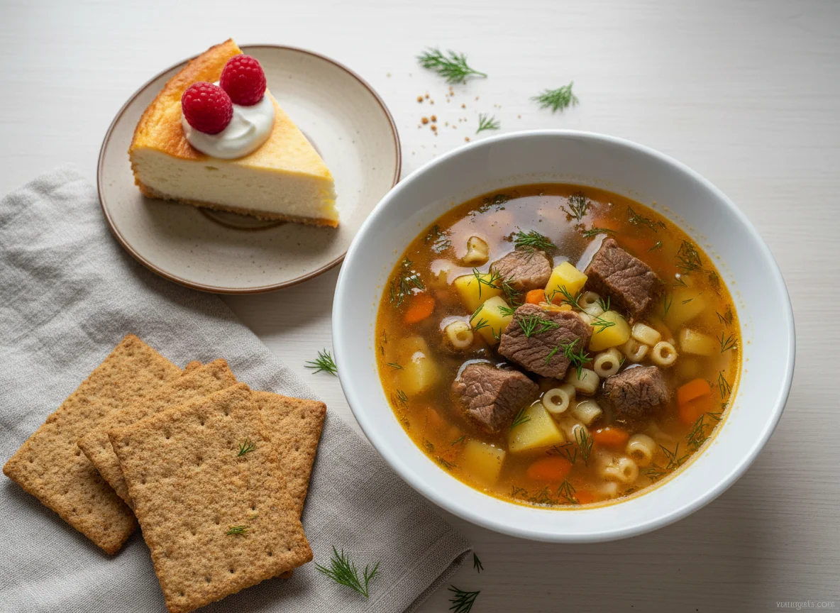 Обед с супом, чизкейком и хлебцами photo