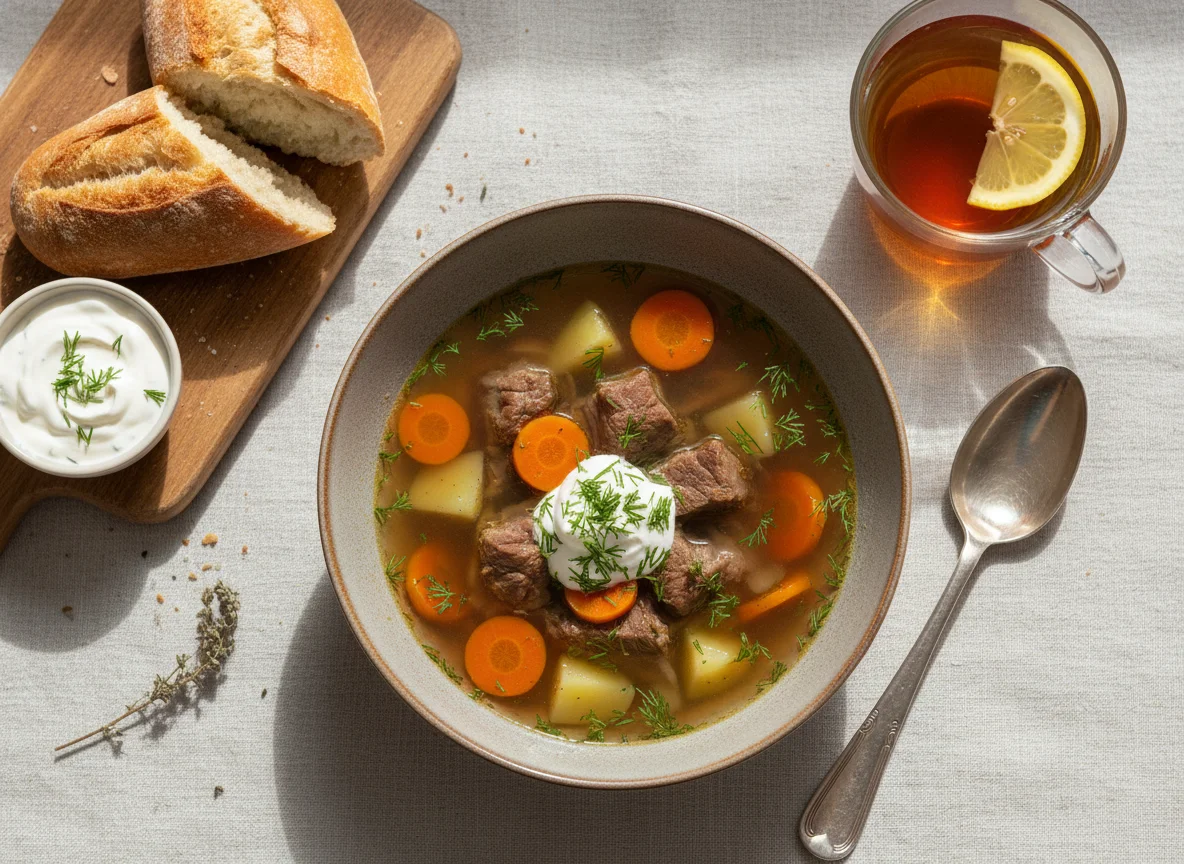 Обед с супом, хлебом и чаем photo