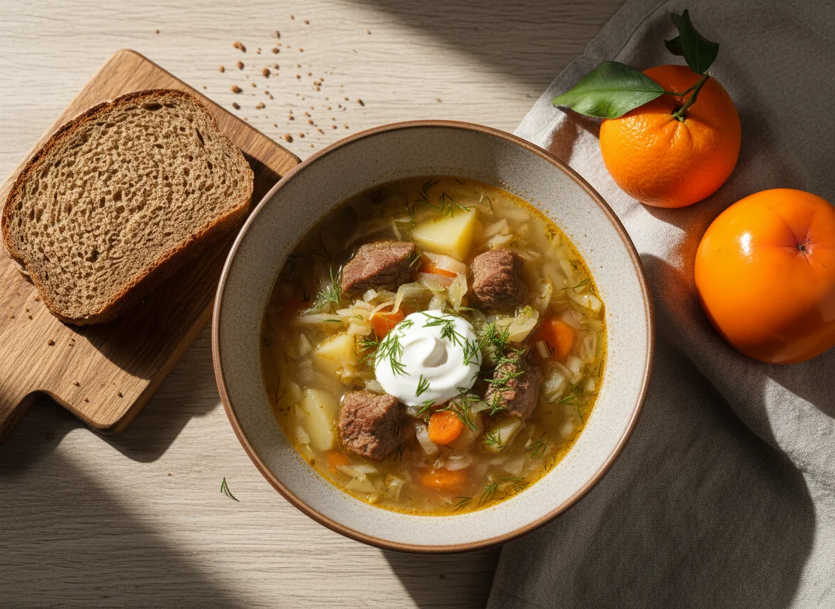 Обед с супом, хлебом и фруктами photo